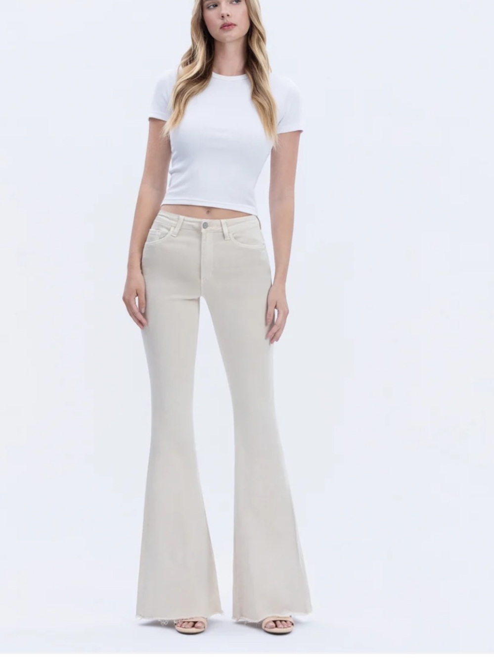 Vervet Parchment - High Rise Raw Hem Super Flare Jeans 29 Cream Tan Natural